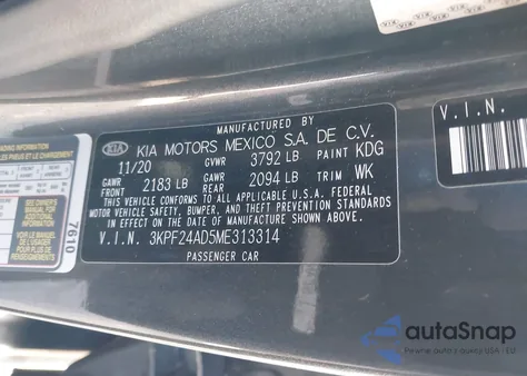 2021 Kia Forte Lxs z USA, uszkodzony, nr VIN 3KPF24AD5ME313314